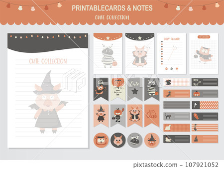 Set of animals and cute vector card.Design for halloween day,baby shower,printable,  tags,cards,templates,Notes, Stickers, Labels,Scrap booking, Congratulations, Invitations,Vector illustrations. 107921052