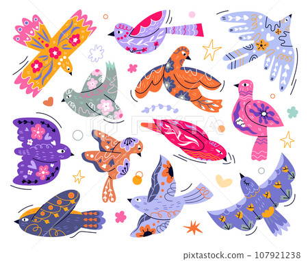 Folk birds set. Hand drawn colored vector. Folk bird ornaments in scandinavian style. Modern Swedish dove decorated flowers and branches. Ethnic nordic ornamental animals on background. Stylized birds Folk birds set. Hand drawn colored vector. Folk bird ornaments in scandinavian style. Modern Swedish dove decorated flowers and branches. Ethnic nordic ornamental animals on background. Stylized birds 107921238