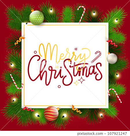 Merry Christmas card. Vector illustration. Snow adds beauty winter holiday season An invitation New Year party had beautiful Christmas tree in background The text on Christmas card conveyed warmth 107921247