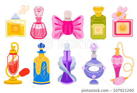 Perfume bottle vector set. Cartoon fragrance package. Perfume bottles with scented water and perfumes retro packaging. Colourful glass vials and flasks with sprayer and pump. Cute aroma vintage bottle Perfume bottle vector set. Cartoon fragrance package. Perfume bottles with scented water and perfumes retro packaging. Colourful glass vials and flasks with sprayer and pump. Cute aroma vintage bottle 107921260