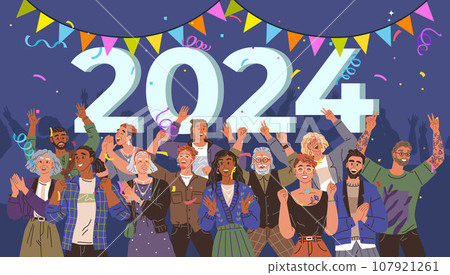 Happy new year. Vector illustration. The background New Year celebration sets stage for joyous occasion Embrace happy New Year concept. People celebrate 2024 party Happy new year. Vector illustration. The background New Year celebration sets stage for joyous occasion Embrace happy New Year concept. People celebrate 2024 party 107921261
