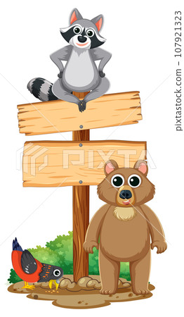 Nature's Wildlife: Bear, Raccoon, and Pigeon Cartoon 107921323