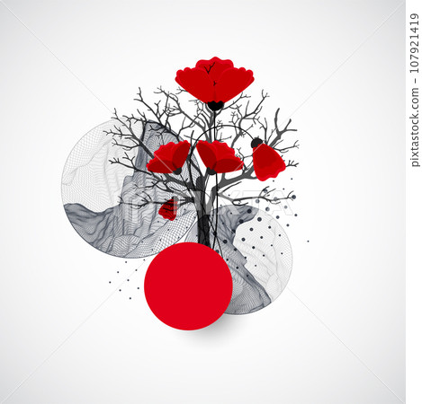 Art concept. Abstract mountains forms with Silhouette of a tree and red poppy flowers. 107921419