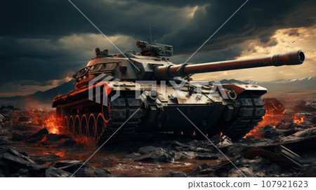 Battlefield actions, different military warships gunfire. Fighter jets attacks a tank as a defense mission. 107921623