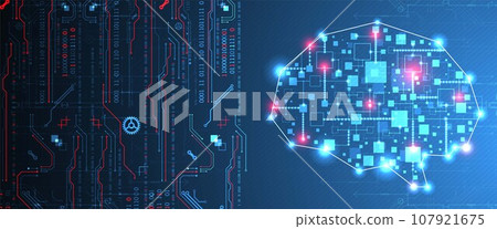 Abstract background on the theme of artificial intelligence. Brain shape with technological elements inside the contour. 107921675