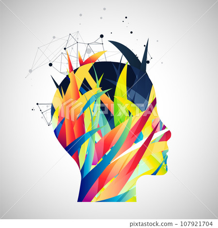 The silhouette of the human head is made with the help of colored waves and plexus effect. The silhouette of the human head is made with the help of colored waves and plexus effect. 107921704