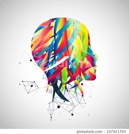 The silhouette of the human head is made with the help of colored waves and plexus effect. 107921705