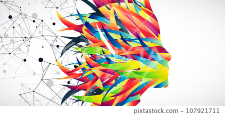 The silhouette of the human head is made with the help of colored waves and plexus effect. 107921711