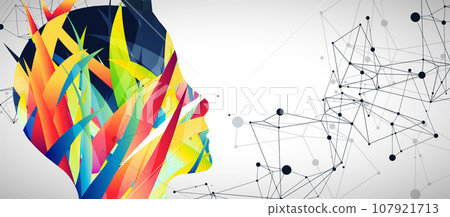 The silhouette of the human head is made with the help of colored waves and plexus effect. 107921713