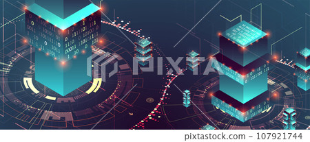 Smart city. Isometric big data concept, database. Abstract technology background. Smart city. Isometric big data concept, database. Abstract technology background. 107921744