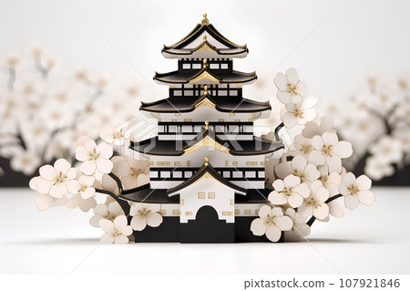 Japanese castle/castle tower (3D) cherry blossoms 107921846
