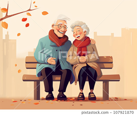 Grandpa and grandma sitting happily on chairs 107921870