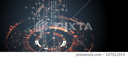 Abstract background on technological and scientific topics. Various techno details with using digital code. 107922014