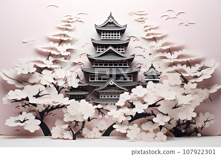 日本城堡/黑天守閣(3D)秋葉和櫻花 日本城堡/黑天守閣(3D)秋葉和櫻花 107922301