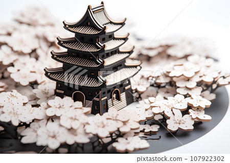 日本城堡/黑天守閣（3D）秋葉和櫻花 107922302
