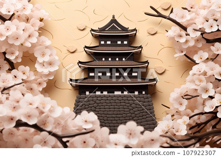 日本城堡/黑天守閣（3D）秋葉和櫻花 107922307
