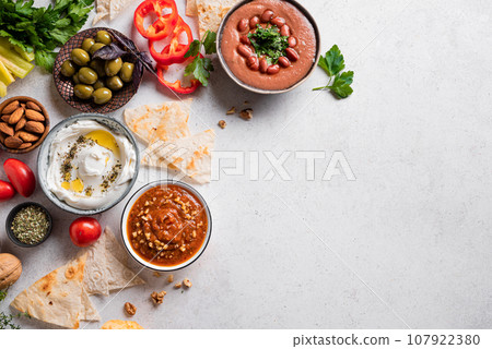 Arabic breakfast or mezze food Arabic breakfast or mezze food 107922380