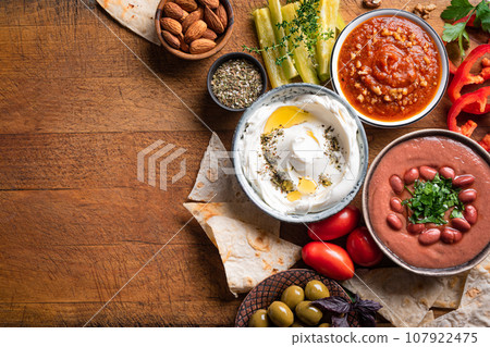 Arabic breakfast or mezze food 107922475