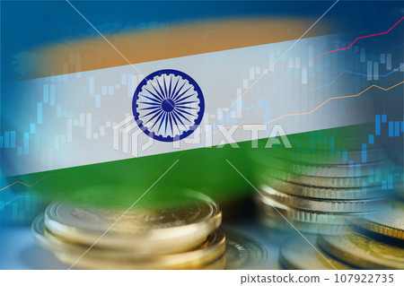 Stock market investment trading financial, coin and India flag or Forex for analyze profit finance business trend data background. 107922735