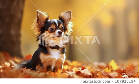 Chihuahua in autumn landscape 107923194