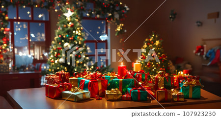 Christmas tree decorated with Christmas presents on a winter night Christmas tree decorated with Christmas presents on a winter night 107923230