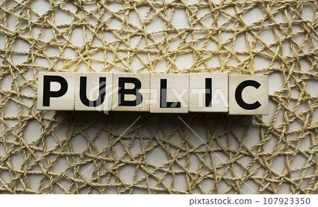 Wooden block with the word State. State Department of Public Finance or Tax Office. 107923350