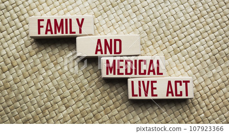 Wooden blocks with Family and Medical Live Act text on vintage table 107923366