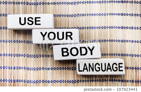 Use body language character. Concept words. Use body language on wooden blocks. 107923441