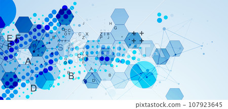 Abstract hexagon background with plexus effect and letters for design works. Abstract hexagon background with plexus effect and letters for design works. 107923645
