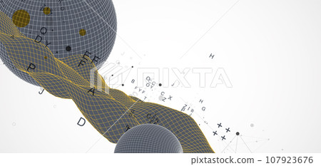 Sphere theme with connected lines in technology style background. Wireframe illustration. Sphere theme with connected lines in technology style background. Wireframe illustration. 107923676