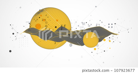 Sphere theme with connected lines in technology style background. Wireframe illustration. Sphere theme with connected lines in technology style background. Wireframe illustration. 107923677