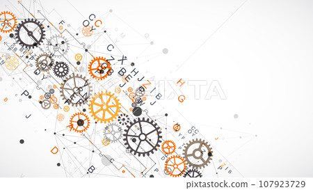 Abstract technological background with letters, cogwheels and plexus effect. Abstract technological background with letters, cogwheels and plexus effect. 107923729