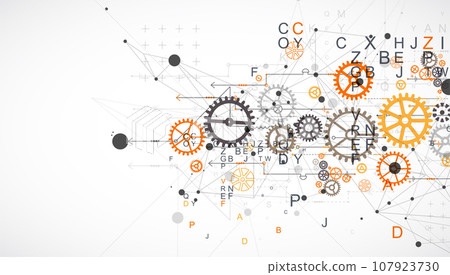 Abstract technological background with letters, cogwheels and plexus effect. Abstract technological background with letters, cogwheels and plexus effect. 107923730
