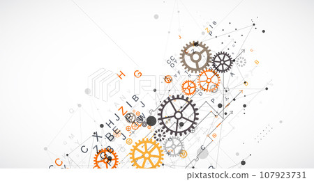 Abstract technological background with letters, cogwheels and plexus effect. Abstract technological background with letters, cogwheels and plexus effect. 107923731