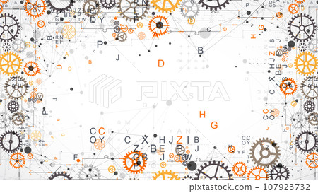 Abstract technological background with letters, cogwheels and plexus effect. Abstract technological background with letters, cogwheels and plexus effect. 107923732