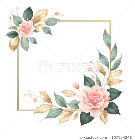 Floral round frame with pink roses, green leaves and golden crown. Floral round frame with pink roses, green leaves and golden crown. 107924248