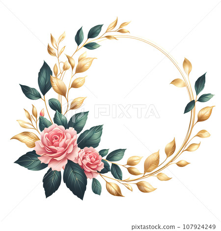 Floral round frame with pink roses, green leaves and golden crown. Floral round frame with pink roses, green leaves and golden crown. 107924249