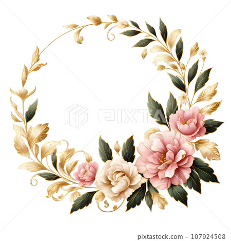 Floral frame with pink roses and golden leaves. Floral wreath. 107924508