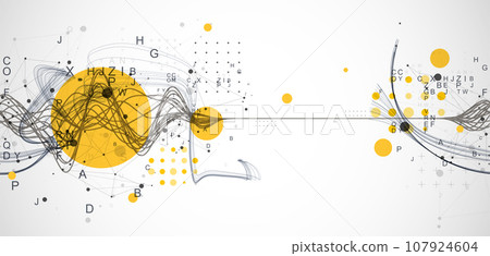 Vector abstract background with a wireframe dynamic pipes, line and particles inside circle. Vector abstract background with a wireframe dynamic pipes, line and particles inside circle. 107924604