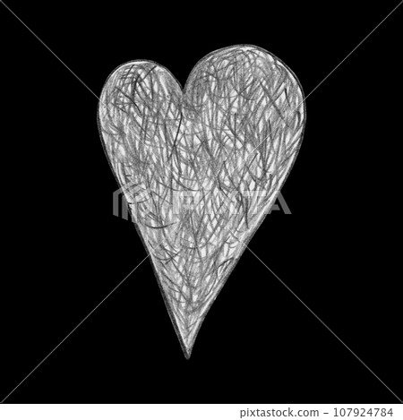 Black and White Heart Drawn by Pencil. The Sign of World Heart Day. Symbol of Valentines Day. Heart Shape Isolated on Black Background. Black and White Heart Drawn by Pencil. The Sign of World Heart Day. Symbol of Valentines Day. Heart Shape Isolated on Black Background. 107924784
