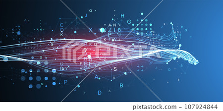 Abstract flowing wave lines with letters and plexus effect. Design element for technology, science, modern concept. Abstract flowing wave lines with letters and plexus effect. Design element for technology, science, modern concept. 107924844