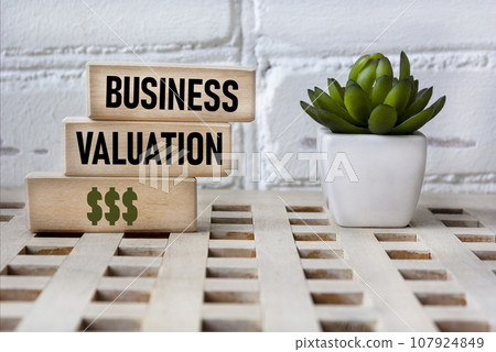 Business valuation. Wooden blocks showing the words. Vintage background with a flower. 107924849