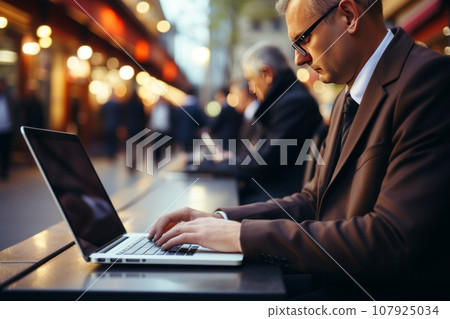 Positive businessman using laptop computer in office. Happy middle aged man, entrepreneur, small business owner working online. 107925034