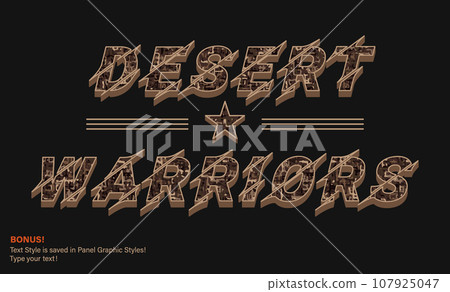 Brown T-shirt typography with camouflage texture. Horizontal words Desert Warriors with stripes, military star Editable text appearance, text graphic style are included For sport goods, textile design 107925047