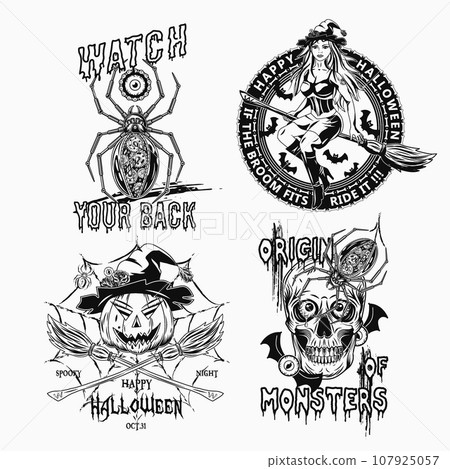 Set of halloween labels with monsters, steampunk mechanical spider, beautiful young witch on broom, pumpkin head, human skull with red eyes. Black and white emblems on white background Set of halloween labels with monsters, steampunk mechanical spider, beautiful young witch on broom, pumpkin head, human skull with red eyes. Black and white emblems on white background 107925057