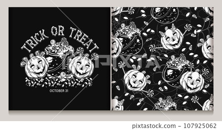 Pattern, label with witch cauldron full of traditional halloween candy, eyeballs, pumpkin heads like happy kids. Drops of goo, slime. Grunge silhouette of spider web behind Not AI Pattern, label with witch cauldron full of traditional halloween candy, eyeballs, pumpkin heads like happy kids. Drops of goo, slime. Grunge silhouette of spider web behind Not AI 107925062