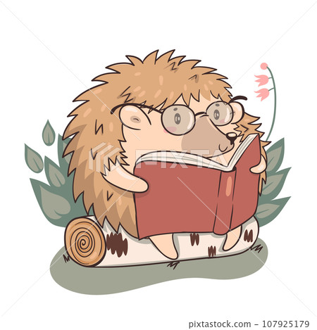 Hedgehog reads isolate on a white background. Kawaii character hedgehog. Vector graphics. Hedgehog reads isolate on a white background. Kawaii character hedgehog. Vector graphics. 107925179