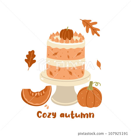 Card or poster with pumpkin cake and pumpkin. Vector graphics. Card or poster with pumpkin cake and pumpkin. Vector graphics. 107925191