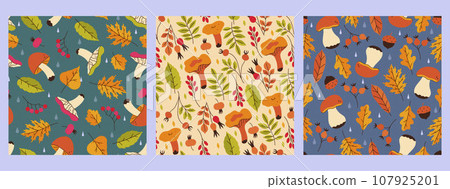 Collection of autumn seamless patterns with mushrooms, berries and leaves. Vector graphics. Collection of autumn seamless patterns with mushrooms, berries and leaves. Vector graphics. 107925201
