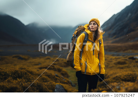 A beautiful girl in a yellow jacket with a backpack walks in the mountains. A girl in a yellow jacket travels in the mountains. travel concept A beautiful girl in a yellow jacket with a backpack walks in the mountains. A girl in a yellow jacket travels in the mountains. travel concept 107925247
